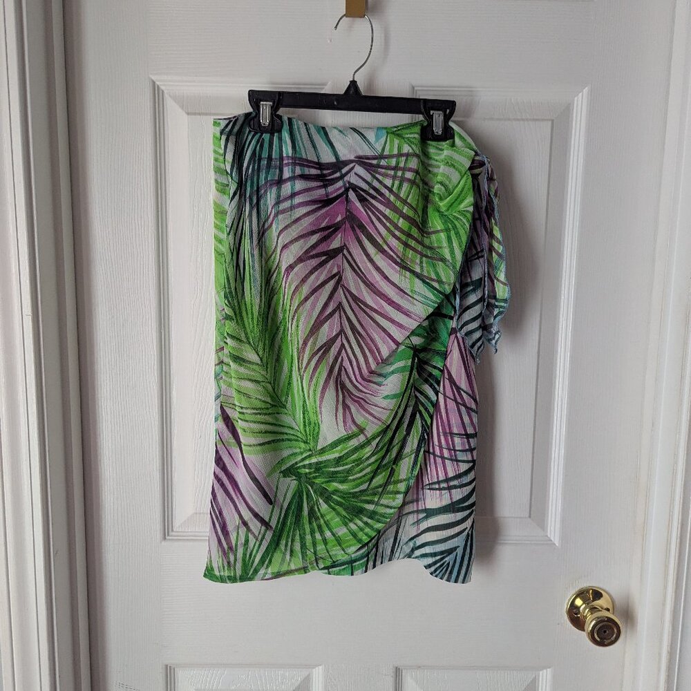 Margaret Frances tropical leaf print midi skirt in green, blue, purple, & white